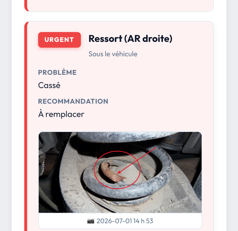 Constat urgent avec photo annotée — pare-brise, éclats, à réparer
